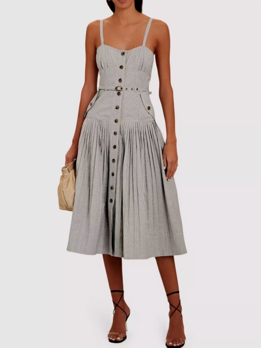 NWOT Ulla Johnson Button-Front Spaghetti Strap Midi Dress in Light Gray